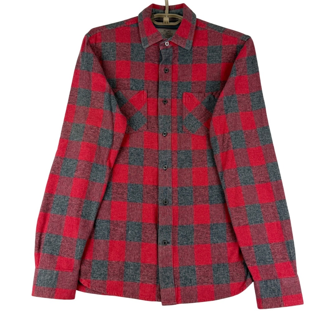 Flag & Anthem Flannel Shirt Mens S Red Charcoal Buffalo Plaid Button Down
